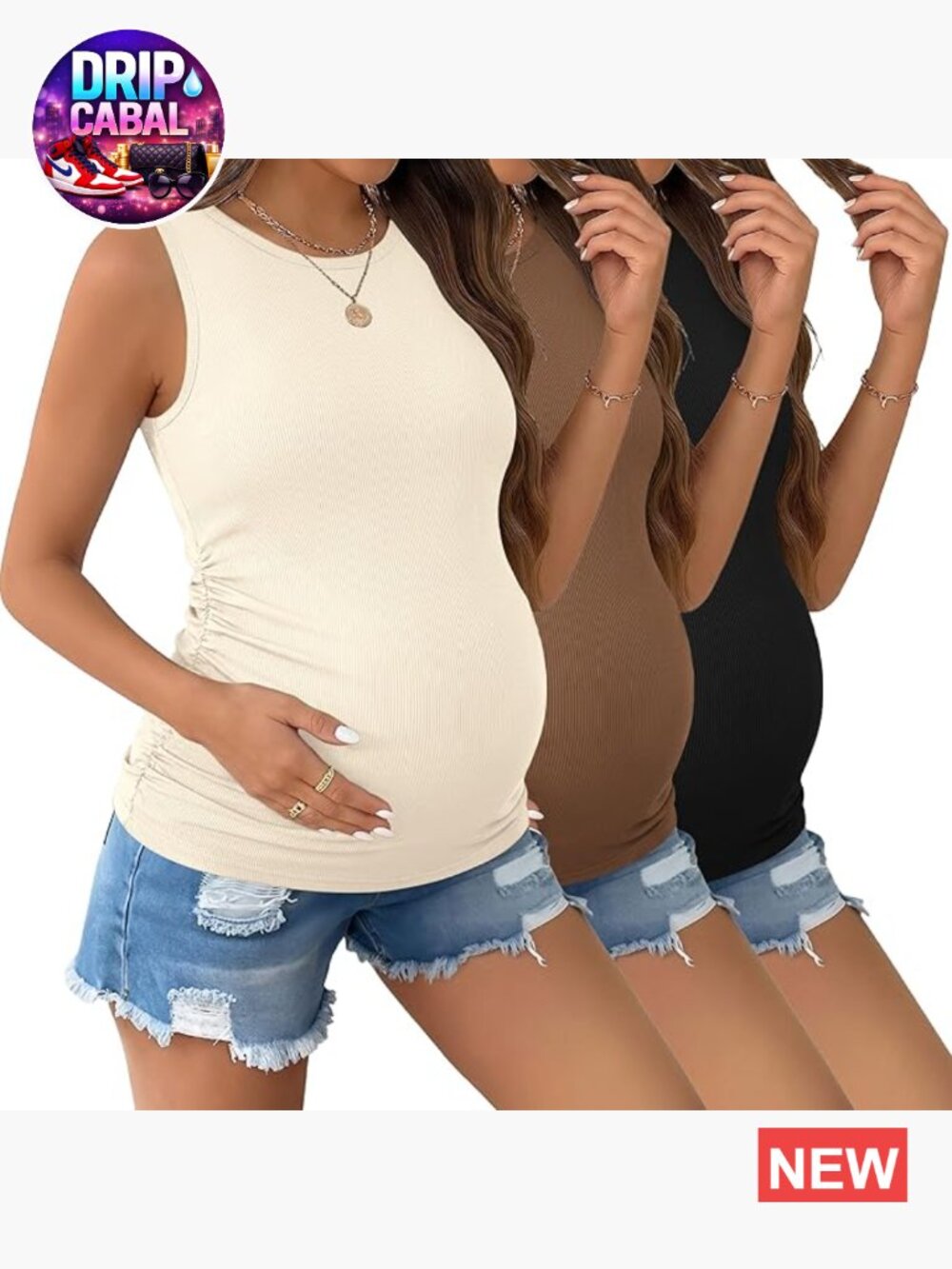 3 Pack Maternity Tank Tops Crew Neck Ribbed Pregnancy Shirts